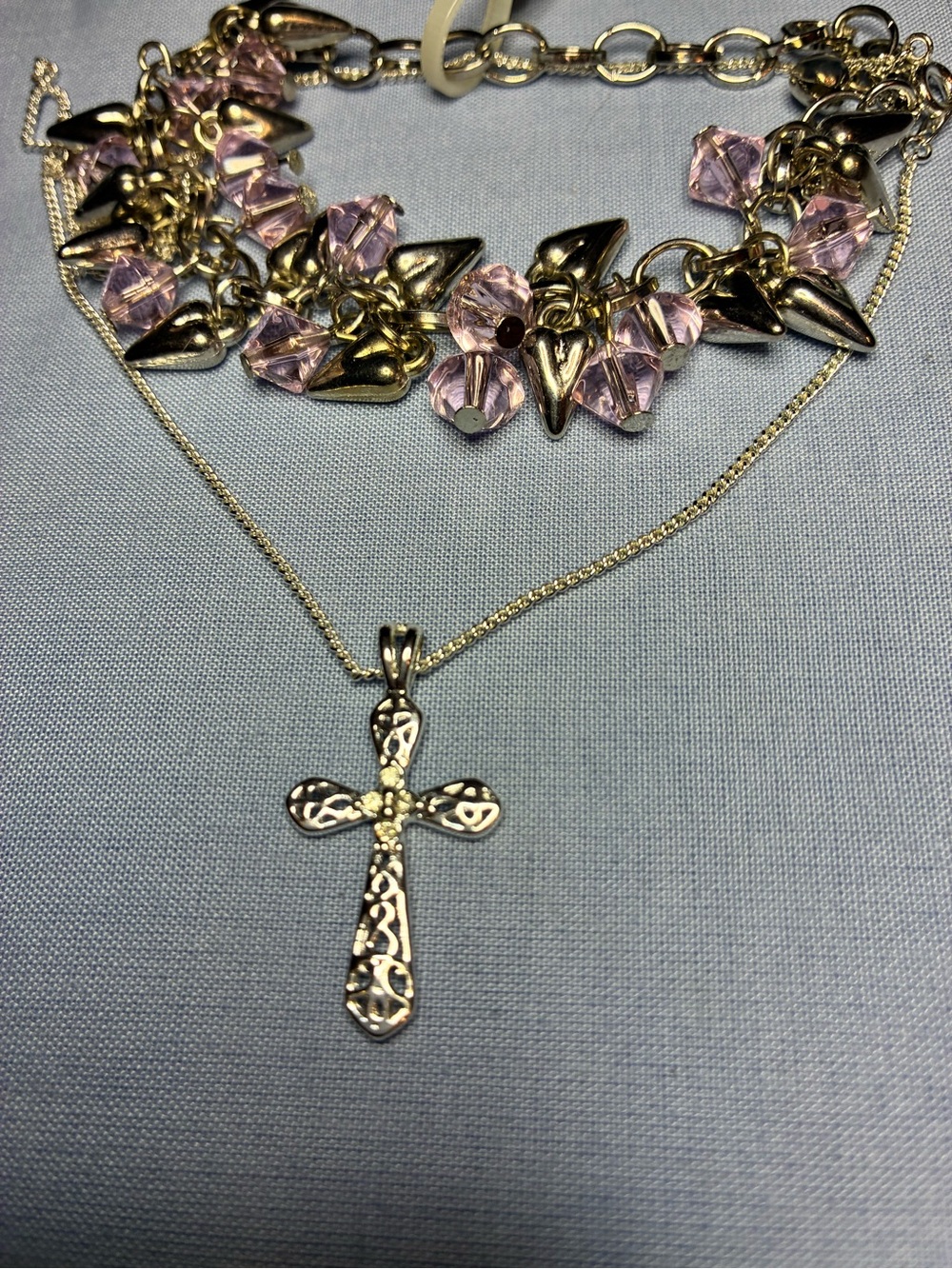 Delicate Gold Cross Pendant Necklace with Pink Crystal Charm Bracelet